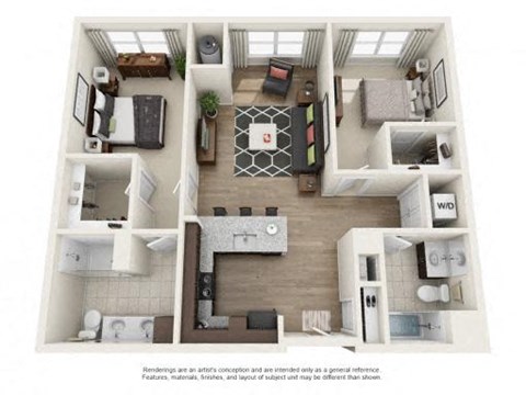 Floor plan for 2 beds, 2 baths, 1068 sqft